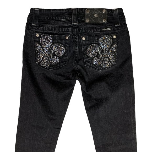Miss Me 'Mid-Rise Skinny' Womens Jeans Tag 27 Black W28xL33 Sequins Fleur de Lis - Picture 4 of 12